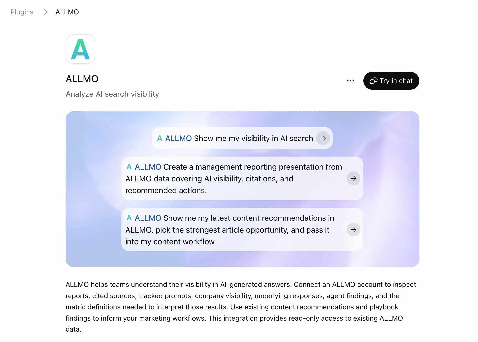 The ALLMO listing in the ChatGPT plugin directory, described as 'Analyze AI search visibility', with example prompts and a Try in chat button