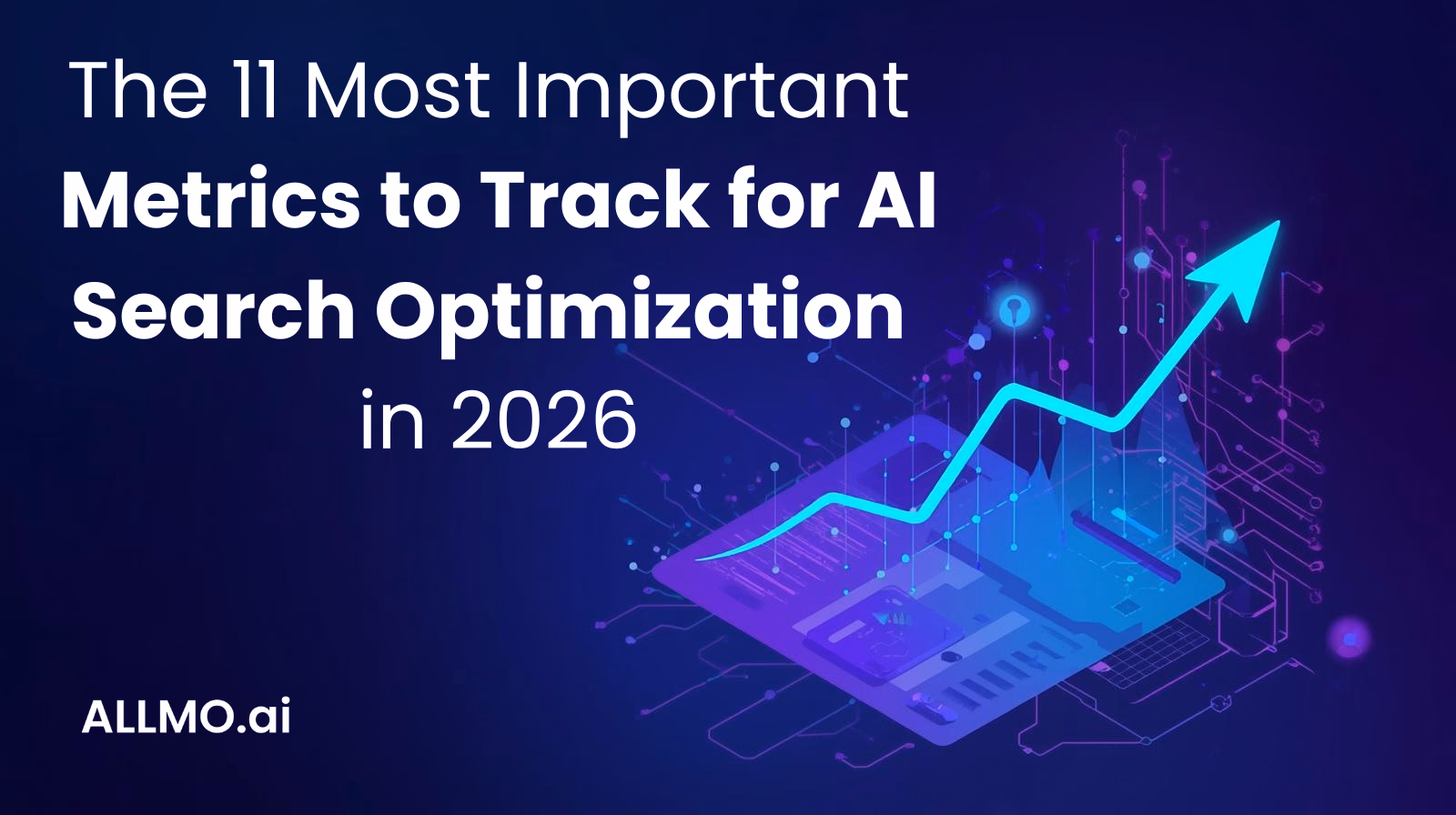 Hero image announcing “The 11 Most Important Metrics to Track for AI Search Optimization in 2026,” featuring an upward trending analytics graph and digital dashboard, representing data driven growth and AI search visibility by ALLMO.ai.