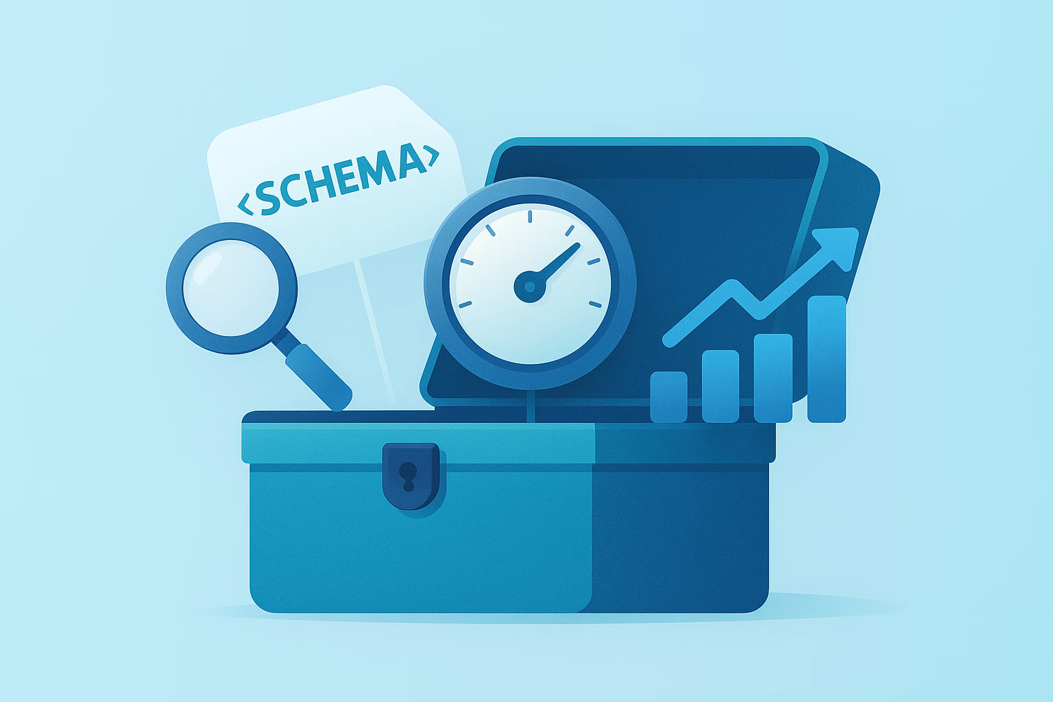 Flat-style digital illustration of an open blue toolbox with icons emerging from it, including a magnifying glass, a "schema" tag, a speedometer, and a rising bar chart with an arrow. The background features soft blue gradients, giving the image a clean, tech-oriented aesthetic.