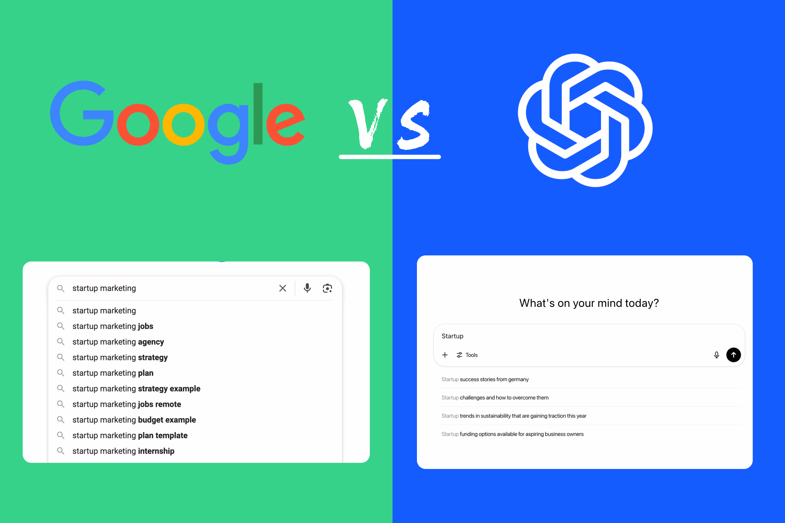 A split-screen comparison between Google and ChatGPT search interfaces. The left side, with a green background, shows the Google logo and a search for "startup marketing" with autocomplete suggestions like “startup marketing jobs,” “strategy,” and “plan template.” The right side, with a blue background, shows the ChatGPT logo and a prompt input for “Startup,” returning conversational suggestions like “success stories from Germany” and “trends in sustainability.”