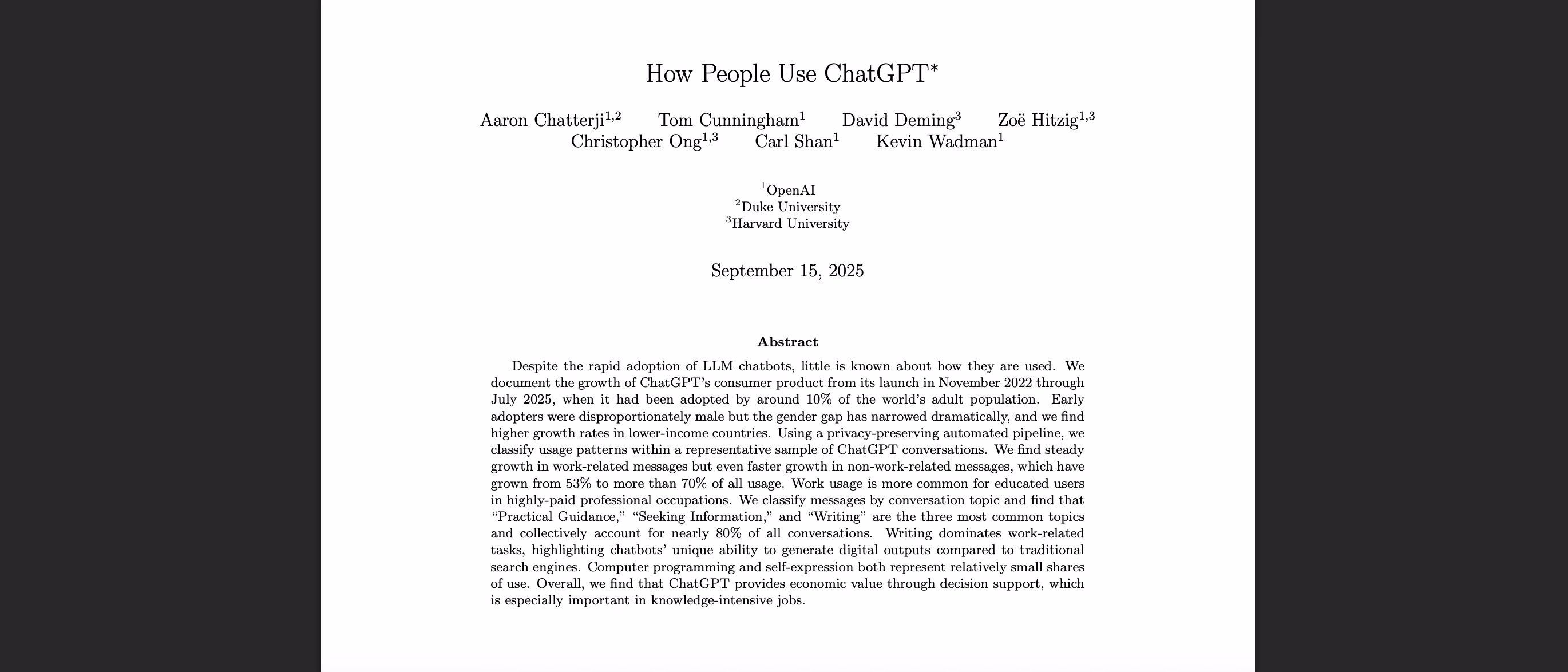 Screenshot of the first page of the OpenAI paper How People Use ChatGPT, showing the headline and abstract.
