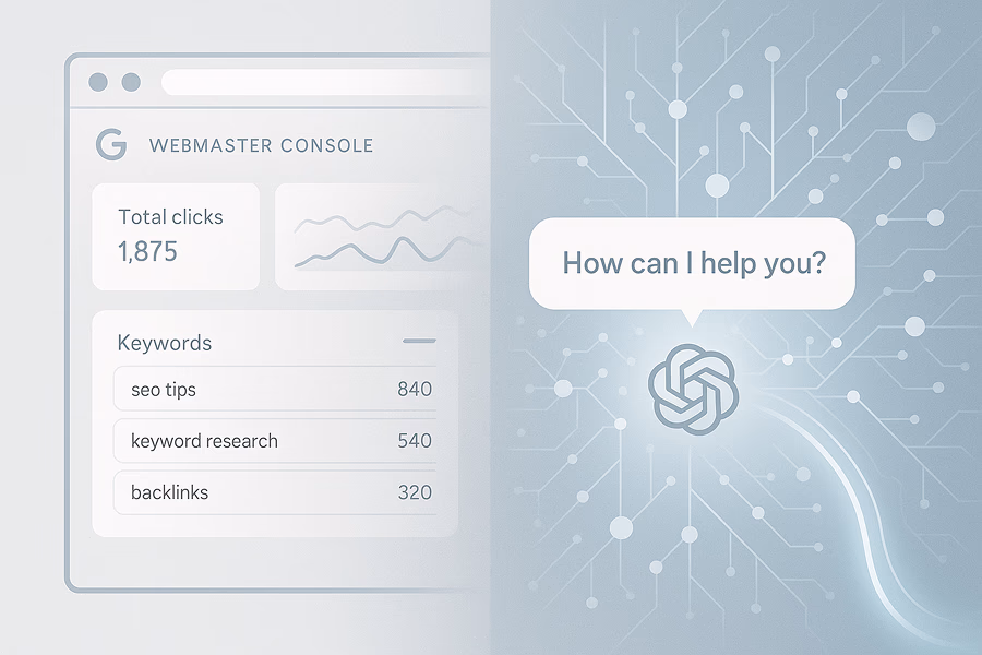 A split-screen digital illustration contrasts traditional search with AI search. The left side shows a gray “Webmaster Console” featuring charts, click counts, and keyword metrics. The right side transitions into a glowing neural network background with a ChatGPT-style interface bubble saying “How can I help you?” connected by a flowing line of light. The overall look is minimalist, futuristic, and softly lit in silver and light blue tones.
