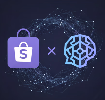 Graphic showing the Shopify logo on the left and a neural network or AI brain icon on the right, connected by an 'X' symbol, with a digital network pattern in the background representing a technology integration.