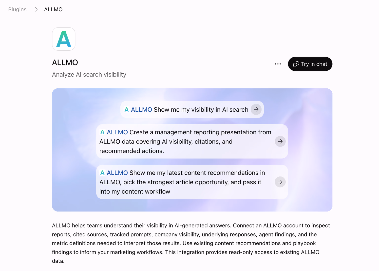 ALLMO in the ChatGPT plugin directory, with example prompts for analyzing AI search visibility and a Try in chat button.